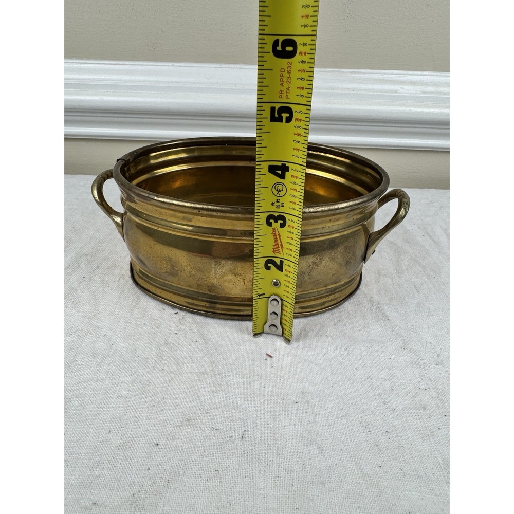 Vintage Solid Brass Oval Planter Bowl with Handles Footed Gold Centerpiece 8.5in - Picture 5 of 8